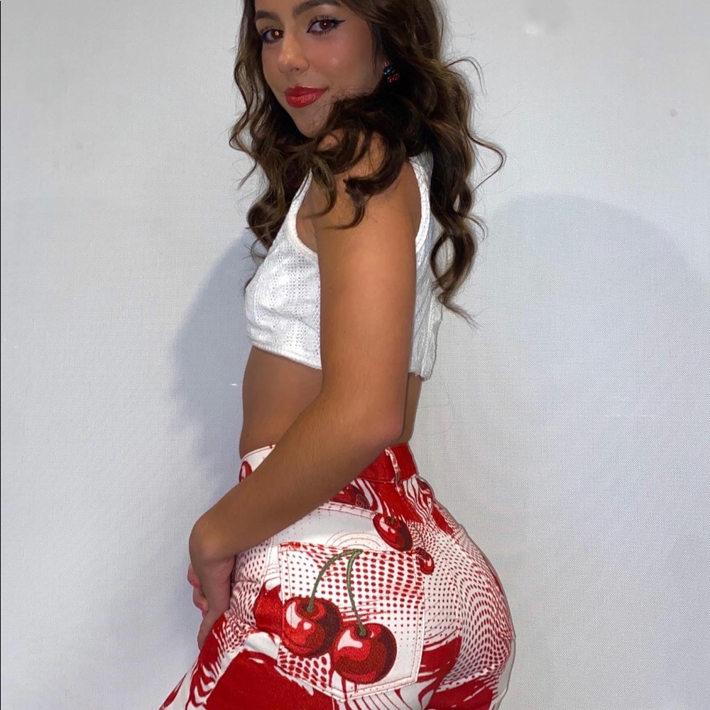 Jaded London cherry print boyfriend fit jeans. Size W 25.